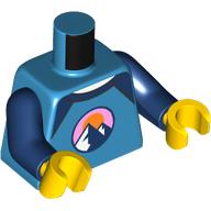 Деталь LEGO Torso, Emblem with Mountains, Bright Pink Sky, Orange Sun, Dark Blue Collar print, Dark Blue Arms, Yellow Hands, Темно-лазурный