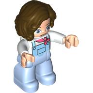 Деталь LEGO Duplo Figure with Long Hair Parted on Left Reddish Brown, Bright Light Blue Legs, Coral Neckerchief Print, Белый