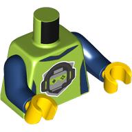 Деталь LEGO Torso, Dark Blue Sides, Collar, Silver Minifig Head, Lime Eyes, Headphones print, Dark Blue Arms, Yellow Hands, Лайм