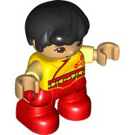 Деталь LEGO Duplo Figure Child, Hair Combed Forward with Curl Black, Red Legs, Robe with Red Flower, Warm Tan Face and Hands, Желтый