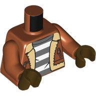 Деталь LEGO Torso, Jacket, Tan Fur, Dark Bluish Grey/White Stripes Prison Shirt print, Dark Orange Arms, Dark Brown Hands, Темно-оранжевый