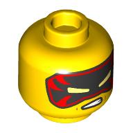 Деталь LEGO Minifig Head Kai, Black/Red Eyemask, Angry Teeth/Dark Orange Eyebrows, Scar, Bandage, Smirk print, Желтый