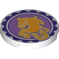 Деталь LEGO Tile Round 3 x 3 with Bright Light Orange Horse, Medium Lavender Background, Dark Purple Border print, Белый