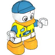 Деталь LEGO Duplo Figure Duck with Safety Vest, Medium Blue Cap, Bright Light Orange Beak and Legs, Насыщенный желтый