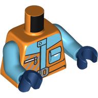 Деталь LEGO Torso, Orange/Medium Azure Jacket, Silver Belt Buckle, Zipper, Pocket print, Medium Azure Arms, Dark Blue Hands, Оранжевый
