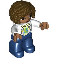Деталь LEGO Duplo Figure with Curly Hair Dark Brown, Dark Blue Legs, Jacket over Yellowish Green Shirt Print, Белый