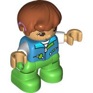 Деталь LEGO Duplo Figure Child, Hair Combed Forward with Curl Dark Orange, Bright Green Legs, Jacket with Pockets and Zipper Print, Темно-лазурный