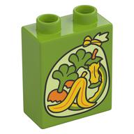 Деталь LEGO Duplo Brick 1 x 2 x 2 with Trash Bag, Banana Peel, Apple Core, Carrot Tops print, Лайм