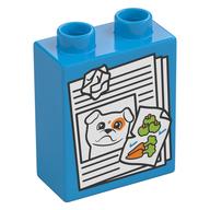 Деталь LEGO Duplo Brick 1 x 2 x 2 with Papers, Dog, Vegetables print, Темно-лазурный