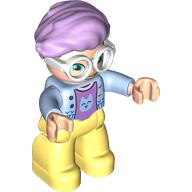 Деталь LEGO Duplo Figure with Hair Swept Right Lavender, with Bright Light Yellow Legs, Magenta Shirt with Cat Head Print, White Glasses, Ярко-светло-голубой