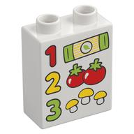 Деталь LEGO Duplo Brick 1 x 2 x 2 with Red '1', Yellow '2', Lime '3', Groceries print, Белый
