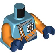 Деталь LEGO Torso, Jacket, Orange Stripes, Dark Blue Shirt, White Zipper, Communication Device, Orange Arms, Dark Blue Hands, Средне-лазурный