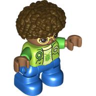 Duplo Figure Child, Afro Dark Brown, Blue Legs, Green Bug on Shirt, Bright Light Yellow Glasses Print