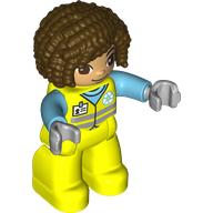 Деталь LEGO Duplo Figure with Curly Hair Dark Brown, Vibrant Yellow Safety Suit with ID Badge and Recycling Symbol Print, Насыщенный желтый