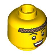 Деталь LEGO Minifig Head, Black Arched Eyebrows, Nougat Braid Across Forehead, Open Mouth Smile/Scream, Peach Lips, Желтый