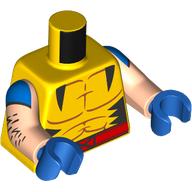 Деталь LEGO Torso, Muscles, Black Triangles, Red Belt with X, Blue Sleeves, Arm Hair print, Light Nougat Arms, Blue Hands, Желтый