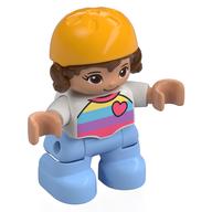 Деталь LEGO Duplo Figure Child with Hair and Bike Helmet Bright Light Orange, Bright Light Blue Legs, Striped Shirt with Heart Print, Белый