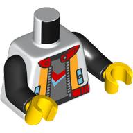 Деталь LEGO Torso, Jacket, Orange Trim, Red Collar, Zipper, Dark Bluish Grey Shirt, Medium Azure/Red Symbol print, Black Arms, Yellow Hands, Белый