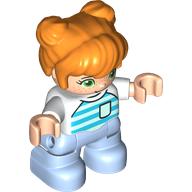 Деталь LEGO Duplo Figure Child with Two Buns on Top and Long Bangs Orange, Bright Light Blue Legs, Light Aqua and Dark Turquoise Striped Shirt Print, Белый