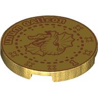 Деталь LEGO Tile Round 3 x 3 with Dark Red Galleon, Dragon, 'UNUM GALLEDON 1' print, Жемчужно-золотой