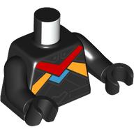 Деталь LEGO Torso, Racing Suit, Red/Bright Light Orange/Medium Azure Stripes print, Black Arms and Hands, Черный