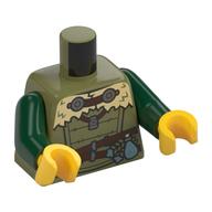 Деталь LEGO Torso, Tan Fur Cloak, Dark Brown Straps, Bottle, Pendant print, Dark Green Arms, Yellow Hands, Оливковый