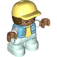 Деталь LEGO Duplo Figure Child with Hair and Cap Bright Light Yellow, Light Aqua Legs, Bright Light Yellow Shirt Print, Темно-лазурный
