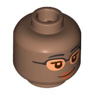 Деталь LEGO Minifig Head Black Eyebrows, Peach Lips, Smile with Teeth/Glasses, Nougat Lenses, Lopsided Smile, Средне-коричневый