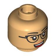Деталь LEGO Minifig Head Black Eyebrows, Eyelashes, Black Glasses, Open Mouth Smile, Teeth/Tongue, Теплый песочный