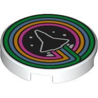 Tile Round 2 x 2 with White Space Ship Outline, Black Background, Dark Pink/Bright Light Orange/Medium Blue/Bright Green Circles print