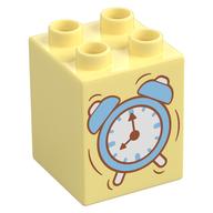 Деталь LEGO Duplo Brick 2 x 2 x 2, Alram Clock Print, Ярко-светло-желтый