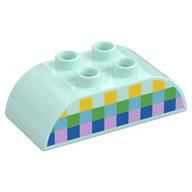 Деталь LEGO Duplo Brick 2 x 4 Curved Top, Yellow, Green, Medium Azure, Blue, and Bright Print Squares Print, Светлый морской волны