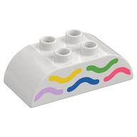 Деталь LEGO Duplo Brick 2 x 4 Curved Top, Yellow, Green, Bright Pink, Blue, and Coral Wavy Lines Print, Белый