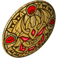 Деталь LEGO Minifig Shield Round Bowed with Gold Dragon, Red Eyes, Fans print, Жемчужно-золотой