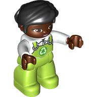 Деталь LEGO Duplo Figure with Thick Short Hair Combed over Forehead and Bun Black, Reddish Brown Head, Hands, Lime Overall, White Shirt print, Белый
