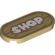Деталь LEGO Tile Round 2 x 4 with White 'SHOP' on Wooden Board print, Песочный