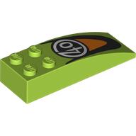 Деталь LEGO Brick Curved 6 x 2 with White '40' in Circle, Orange/Black Logo print, Лайм