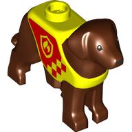 Деталь LEGO Animal, Dog, Standing with Yellow Vest, Red Fire Fighters print, Красно-коричневый