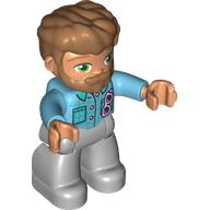Деталь LEGO Duplo Figure with Thick Hair Combed Forward and Beard Nougat, Medium Azure Shirt, Light Bluish Grey Legs, Средне-лазурный