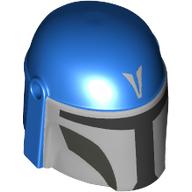 Деталь LEGO Helmet Mandalorian with Holes, Dark Bluish Grey Decorations, Black Visor, Flat Silver Front Print, Голубой