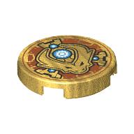 Деталь LEGO Tile Round 2 x 2 with Dragon Head, White Gear in Dark Azure Circle print, Жемчужно-золотой