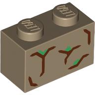Деталь LEGO Brick 1 x 2 with Dark Brown Bark, Green Leaves print, Темно-песочный