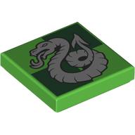 Деталь LEGO Tile 2 x 2 with Silver Snake, Slytherin Crest print, Ярко-зеленый