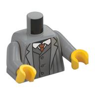 Деталь LEGO Torso, Suit, Striped Jacket, Dark Bluish Grey Jacket, White Shirt, Sand Red Tie print, Light Bluish Gray Arms, Yellow Hands, Светлый сине-серый