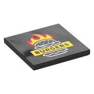 Деталь LEGO Tile 4 x 4 with 'BURGERS' on Yellow Field, Burger, Red and Yellow Flames print, Черный