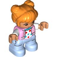 Деталь LEGO Duplo Figure Child with Two Buns on Top and Long Bangs Orange, Bright Light Blue Legs, White Shirt with Red Spots Print, Ярко-розовый