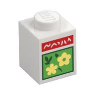 Деталь LEGO Brick 1 x 1 with White Scribbling On Red Rectangle, Bright Light Yellow Flowers in Bright Green Square print, Белый