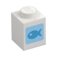 Деталь LEGO Brick 1 x 1 with Dark Azure Fish on Medium Blue Square print, Белый