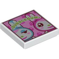 Деталь LEGO Tile 2 x 2 with Lime 'BUBBLEGUM',  Medium Azure, Dark Pink Rabbits print, Белый