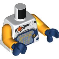 Деталь LEGO Torso Space Suit, Dark Blue and Sand Blue Panel, Gold Lines, Classic Space Logo Print, Bright Light Orange Arms, Dark Blue Hands, Белый